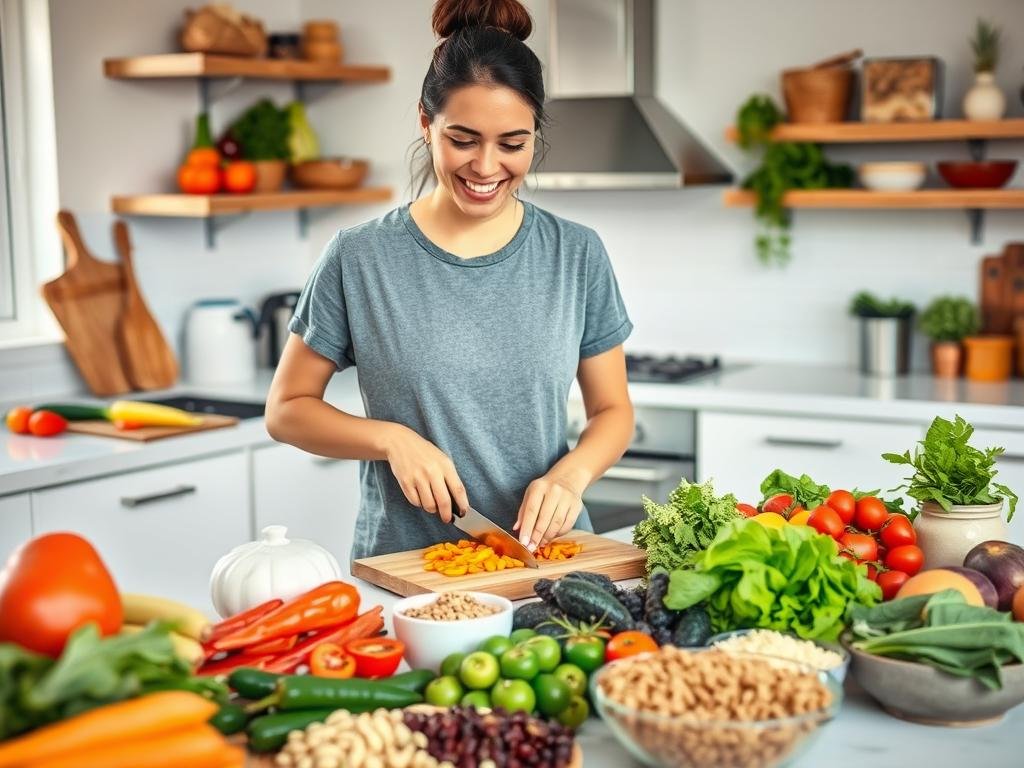 A person preparing colorful vegan meal ingredients for the 1 month vegan challenge A person preparing colorful vegan meal ingredients for the 1 month vegan challenge