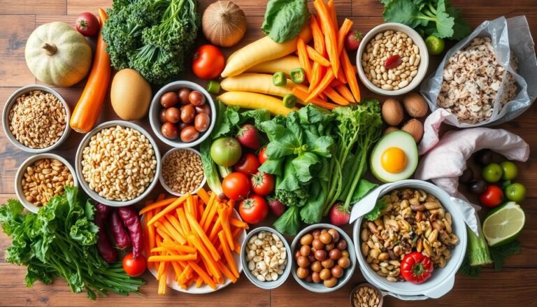 A vibrant spread of colorful vegan foods including fresh vegetables, fruits, grains, and plant-based proteins for the 1 month vegan challenge