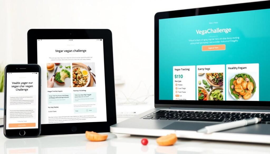 Digital devices showing the 1 month vegan challenge program materials and resources Digital devices showing the 1 month vegan challenge program materials and resources