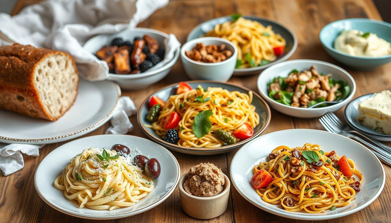 Colorful spread of gluten free dishes from The Gluten Free Cookbook including breads, pasta and desserts