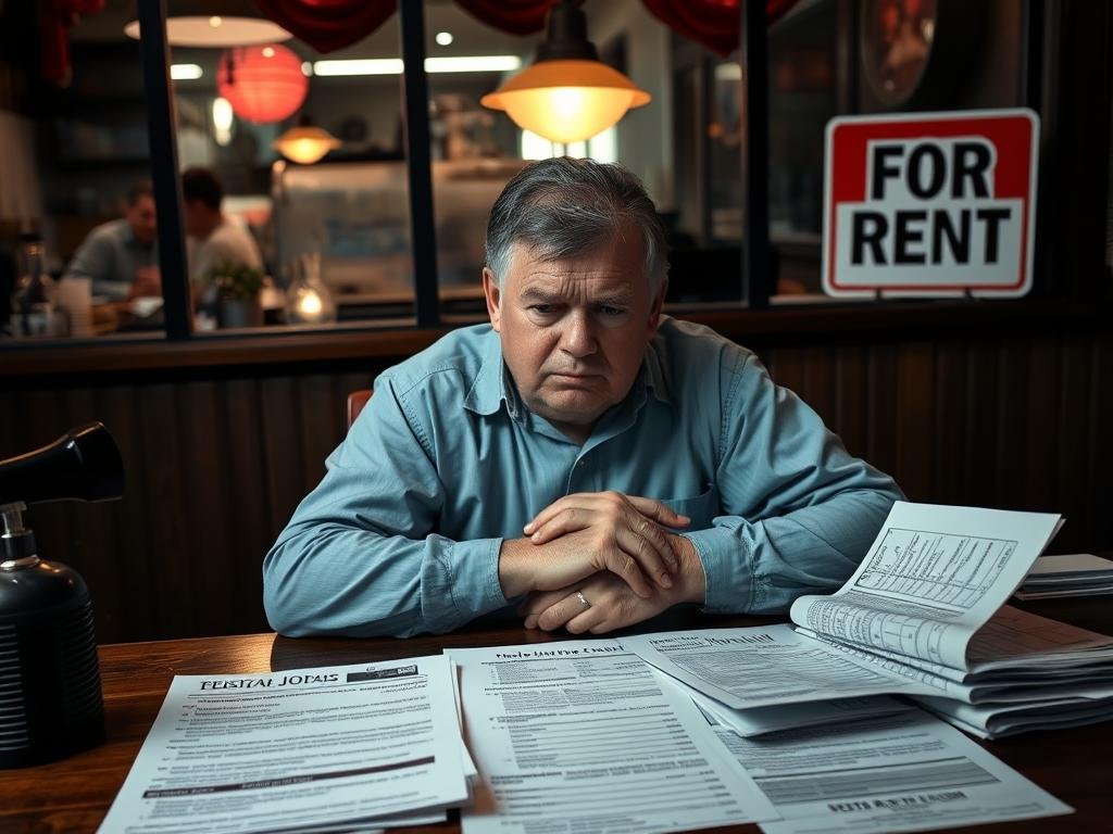 Stressed restaurant owner looking at financial documents showing losses Stressed restaurant owner looking at financial documents showing losses