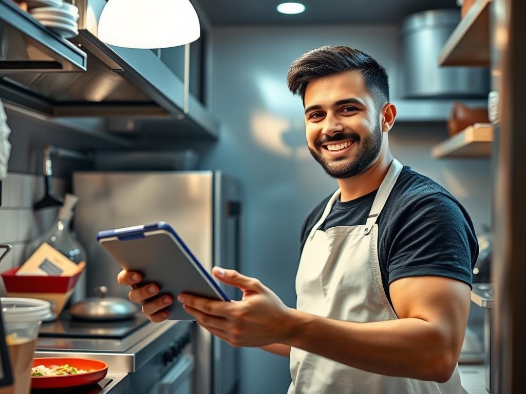Successful ghost kitchen entrepreneur managing orders on a tablet Successful ghost kitchen entrepreneur managing orders on a tablet