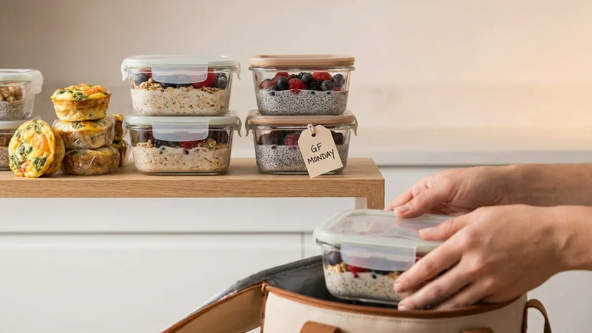 Glass containers are neatly packed with batch-prep gluten-free breakfasts for busy mornings.