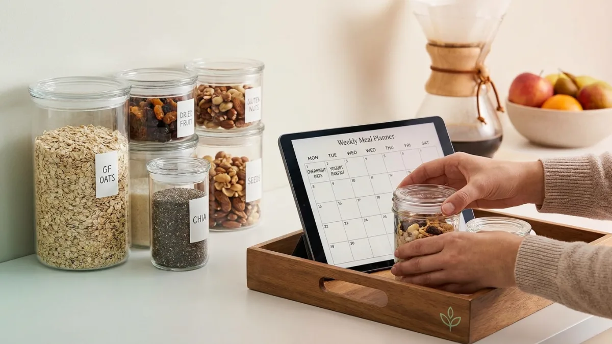 Organized meal prep containers filled with healthy gluten-free breakfast ingredients for a sustainable morning routine.