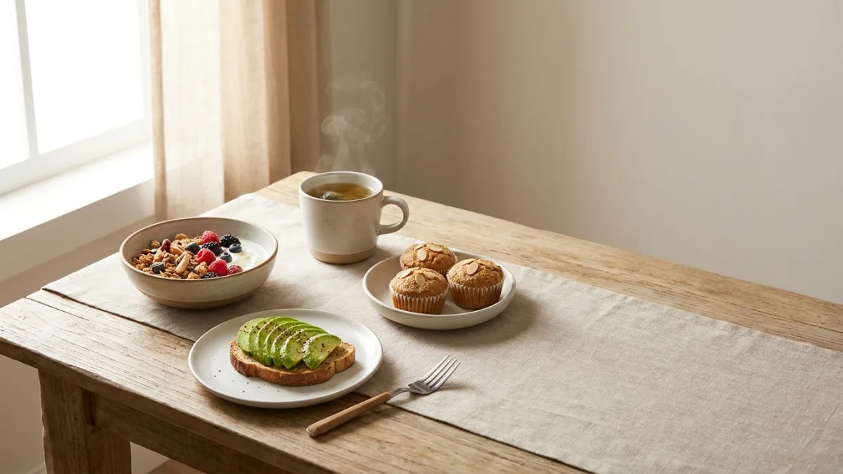 Delicious gluten-free breakfast bowl with fresh fruits, nuts, and healthy snacks on a rustic wooden table.