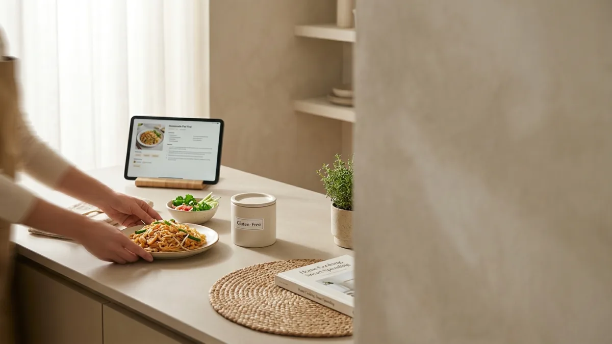 Delicious homemade gluten-free pizza and crispy fries served on a rustic kitchen table.