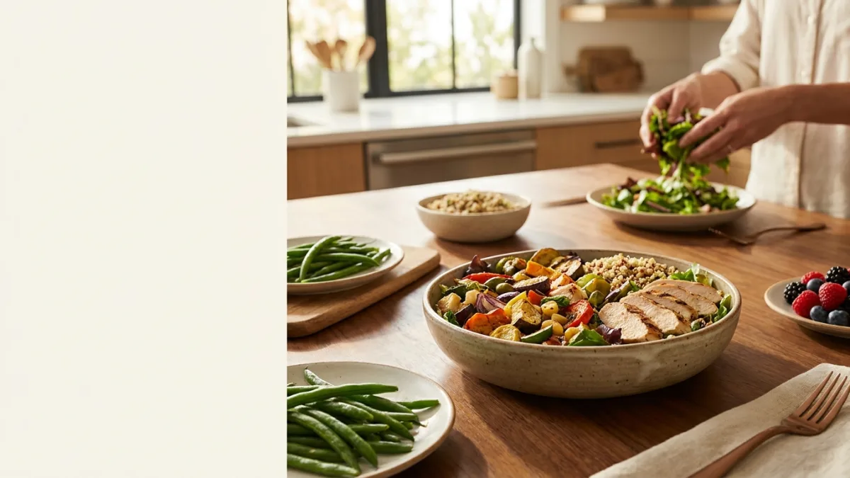 Delicious gluten-free dinner plate with lean chicken and fresh vegetables for a Slimming World plan.