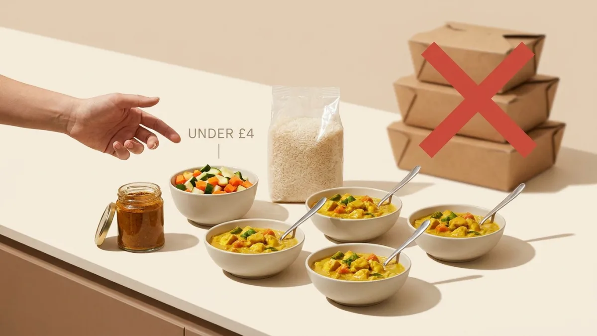 A vibrant bowl of homemade Indian curry fakeaway cooked on a tight budget for under £4.