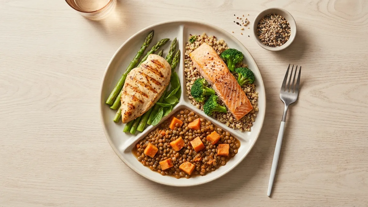 A plate of quick protein-packed gluten free Slimming World dinner with lean meat and veggies.