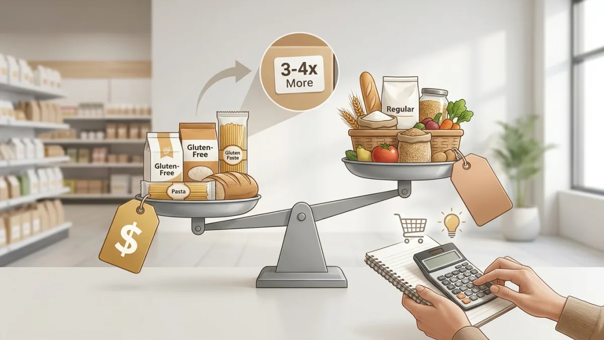 A person comparing prices of gluten-free foods in a grocery store to manage their shopping budget.