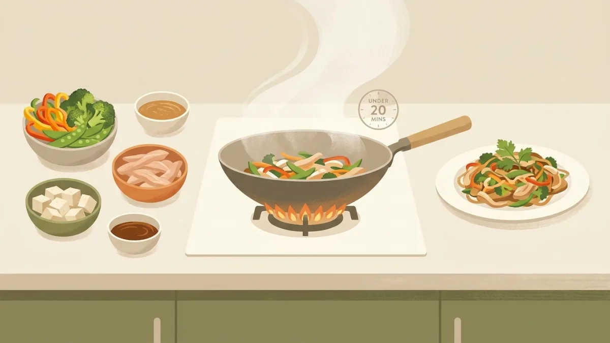 A quick gluten free Slimming World stir-fry with crunchy vegetables and caramelized chicken in a wok.